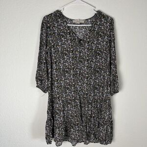 LOFT ditsy Floral Long Sleeve Flounce Dress Black XS 222​